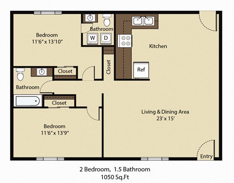 Floor plan for 2 beds, 1.5 baths, 1050 sqft